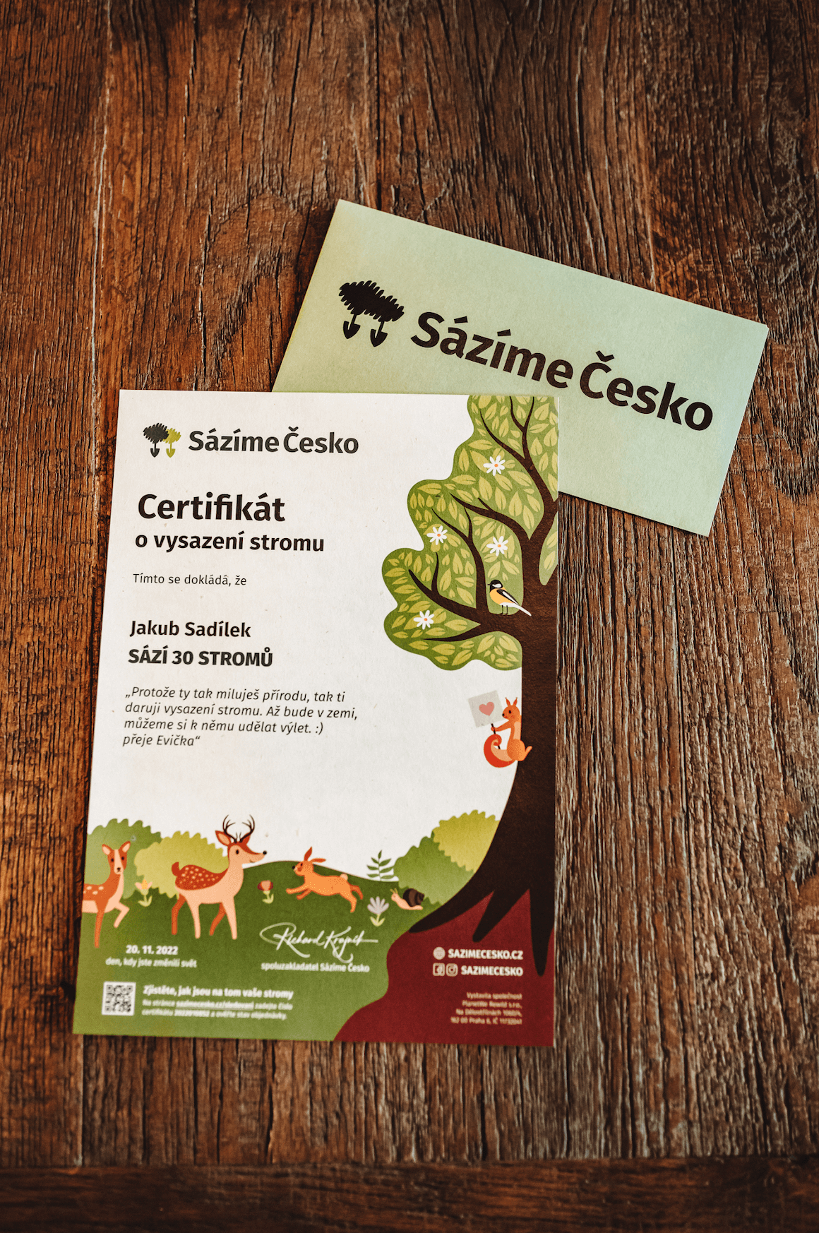 certifikát o vysazení stromu